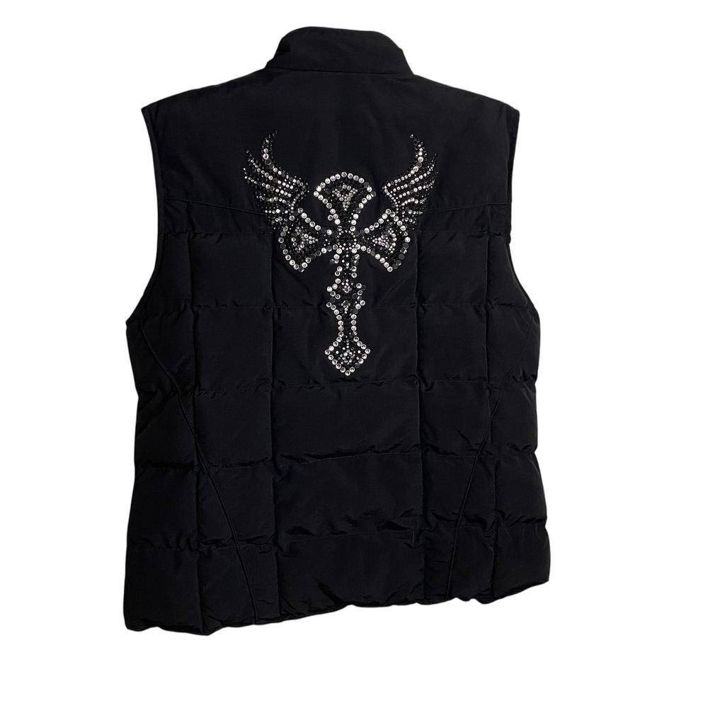 Cowgirl Hardware Womens XL Black Puffer Vest Rhinestone Cross Wings Western Zip - Picture 2 of 8